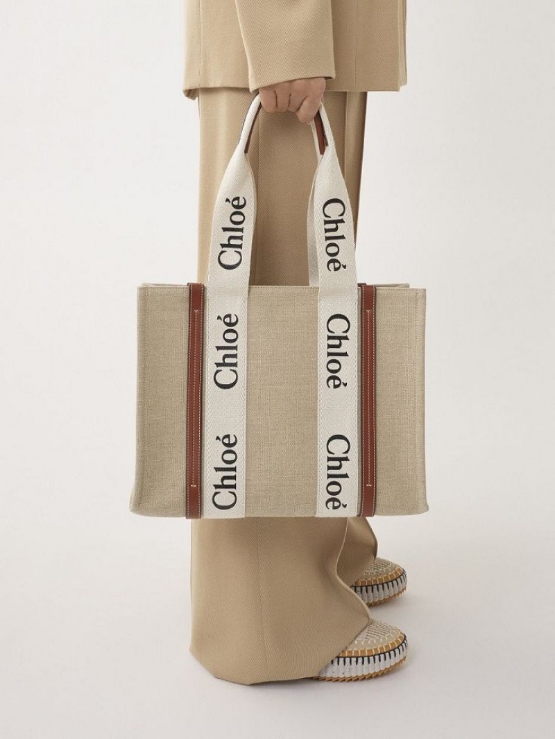 Bolso Tote Chloe Medium Woody Blancas Marrones | CHE-SR13397