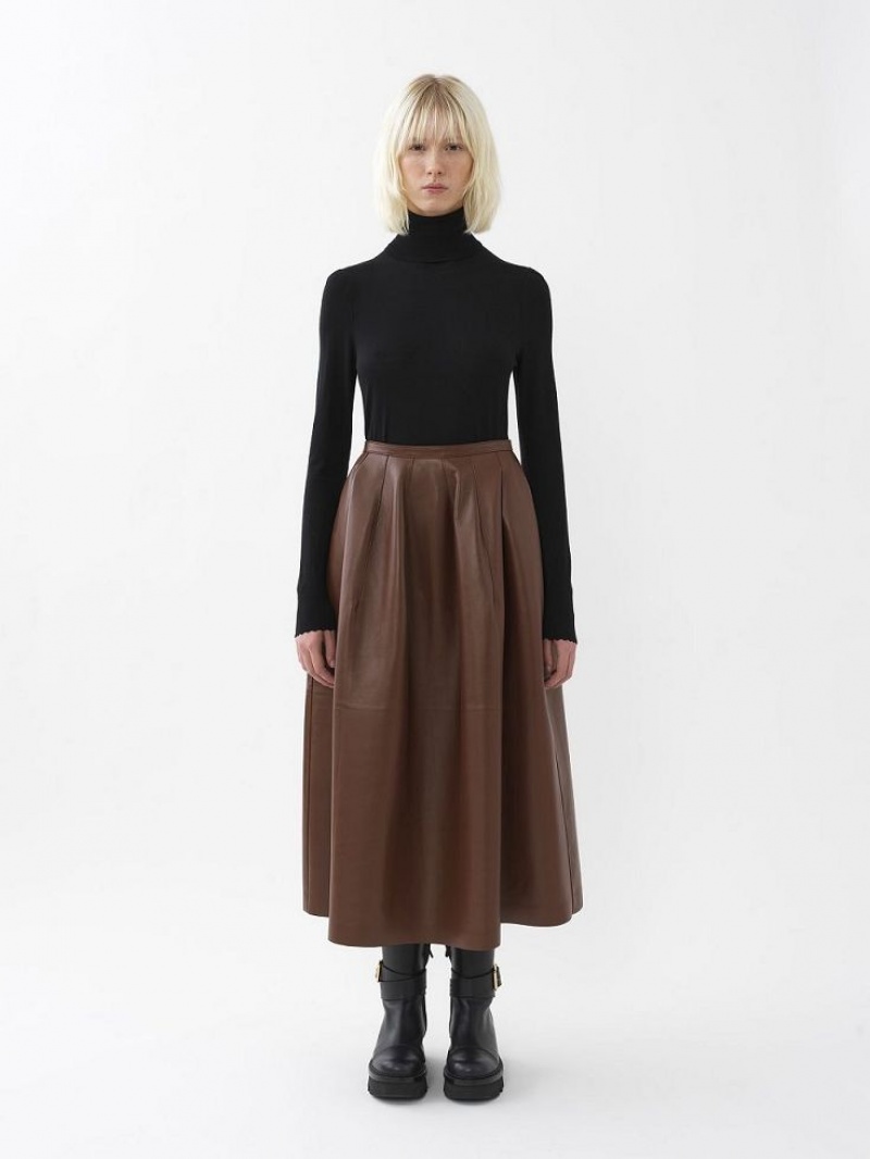 Leather Chloe Gathered Mid-length Skirt Cafe | CHE-SR14116