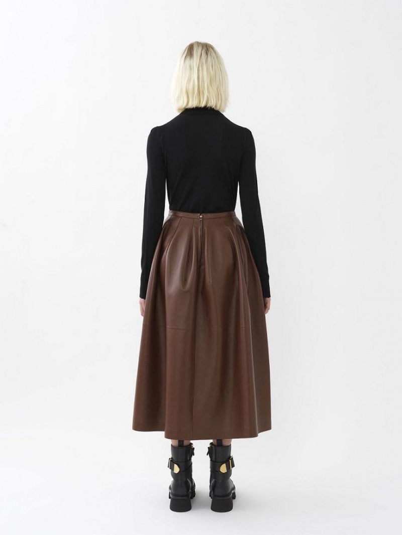 Leather Chloe Gathered Mid-length Skirt Cafe | CHE-SR14116