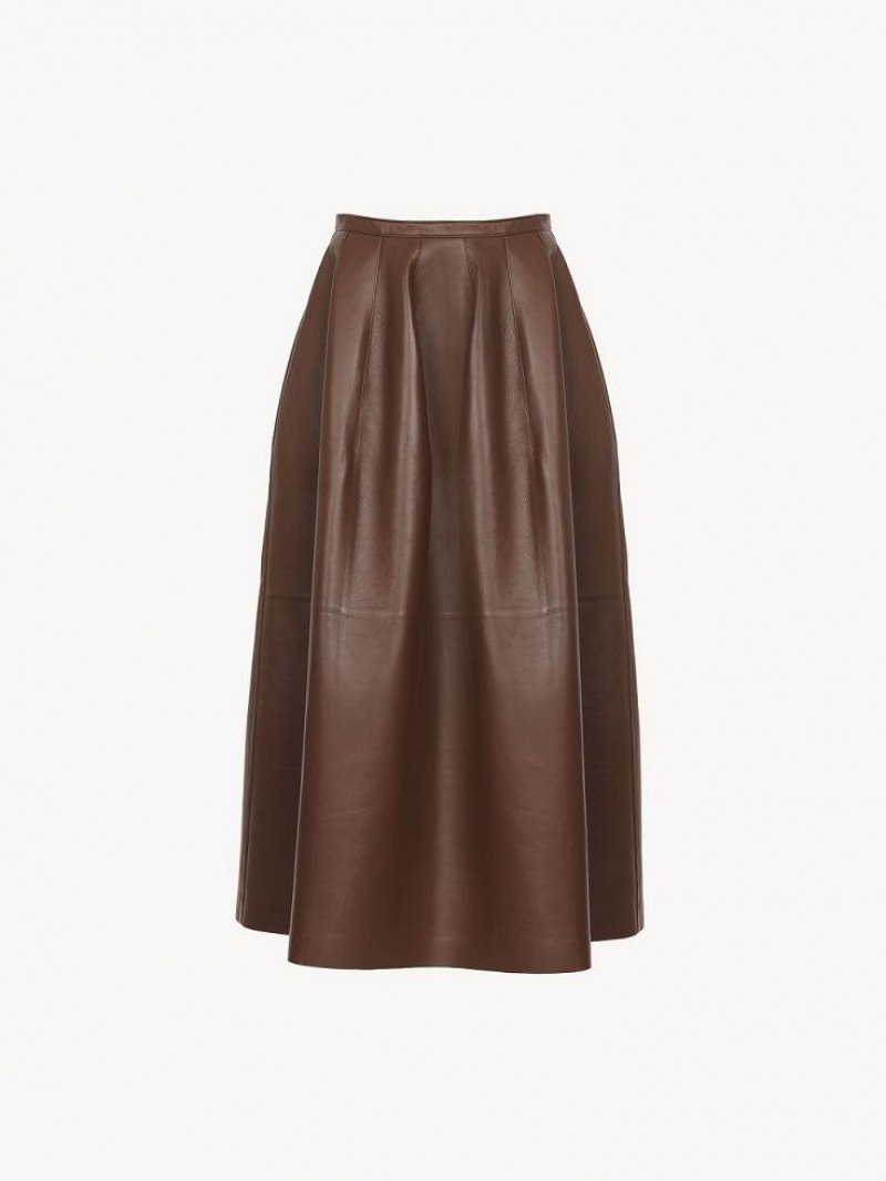 Leather Chloe Gathered Mid-length Skirt Cafe | CHE-SR14116