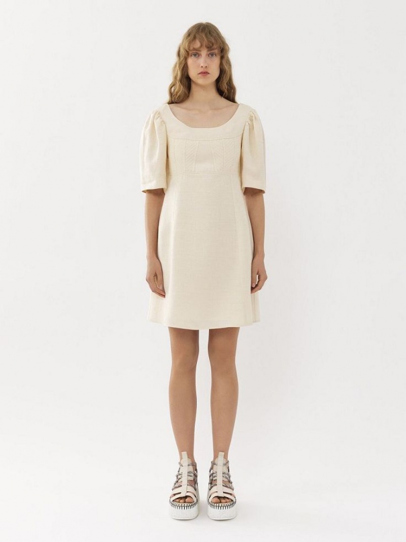 Vestido Chloe Barco-neck Mini Blancas | CHE-SR13836