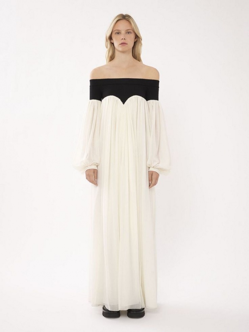 Vestido Chloe Off-the-shoulder Maxi Negras Blancas | CHE-SR13857