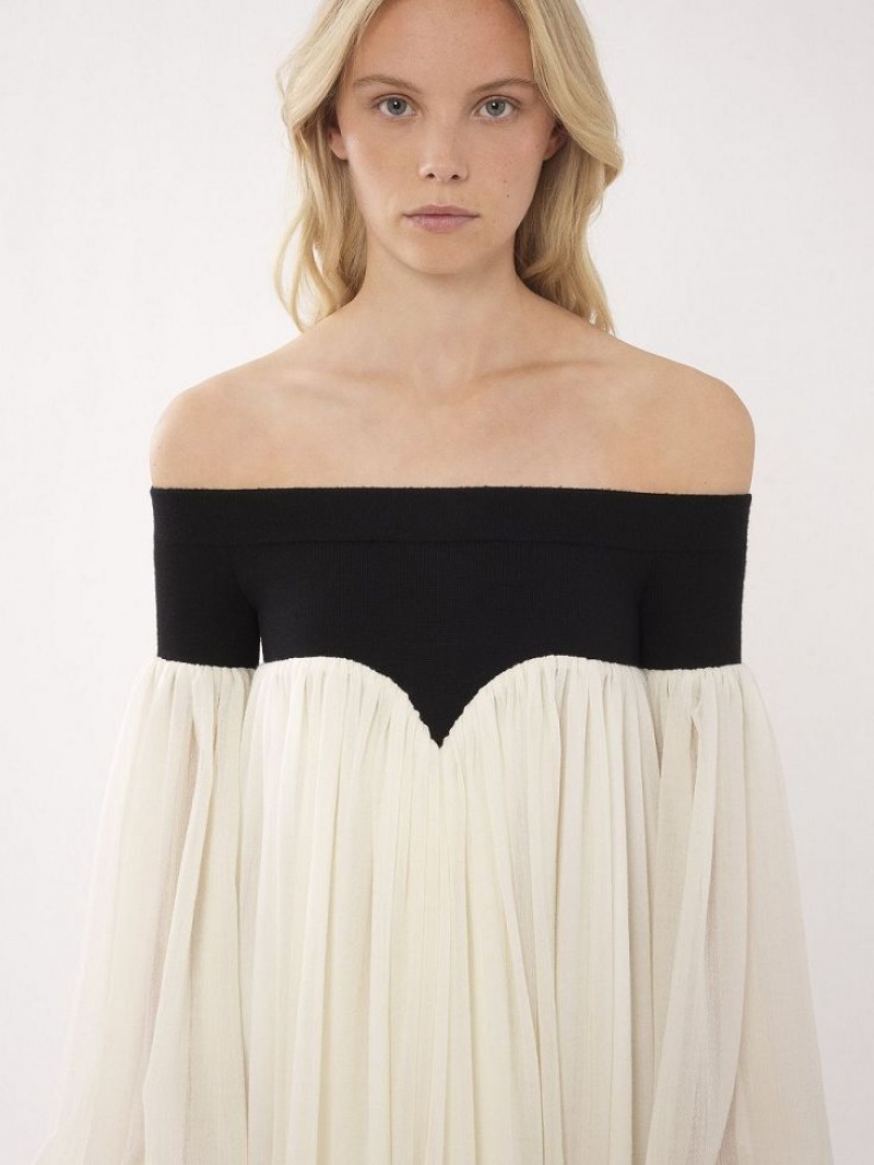 Vestido Chloe Off-the-shoulder Maxi Negras Blancas | CHE-SR13857